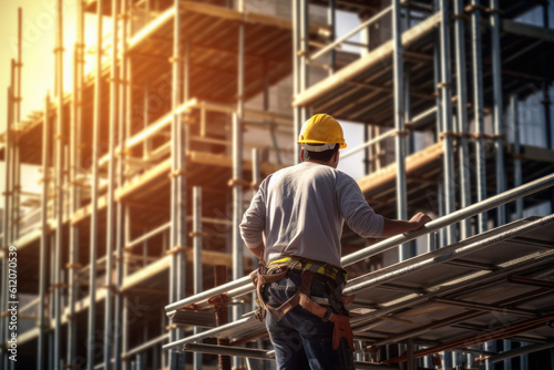 worker with helmet working on construction sector on building. generative ai