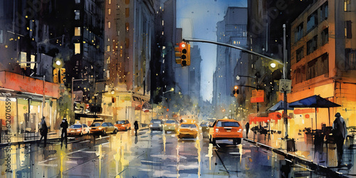 New York City at night, street art with taxi, a watercolor painting captures urban life and iconic yellow cabs. Generative AI