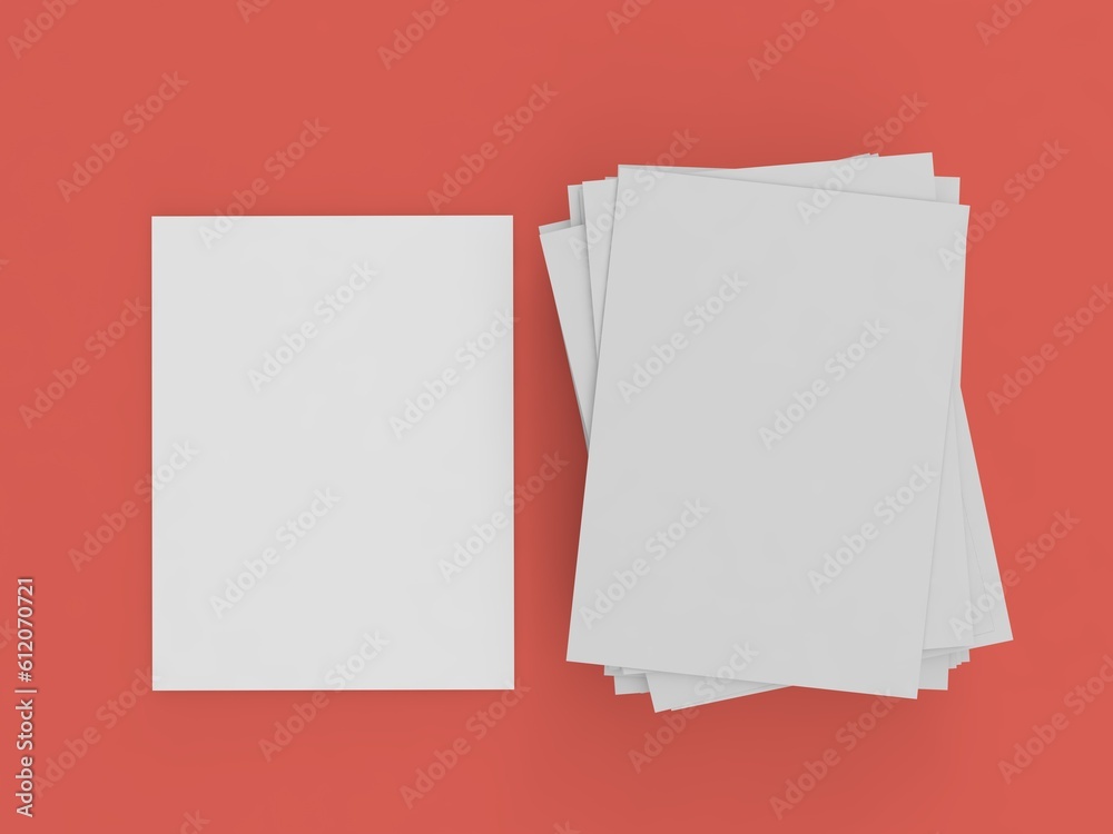 A stack of A4 paper on a red table. 3d render illustration. A stack of A4 paper on a red table. 3d render illustration.