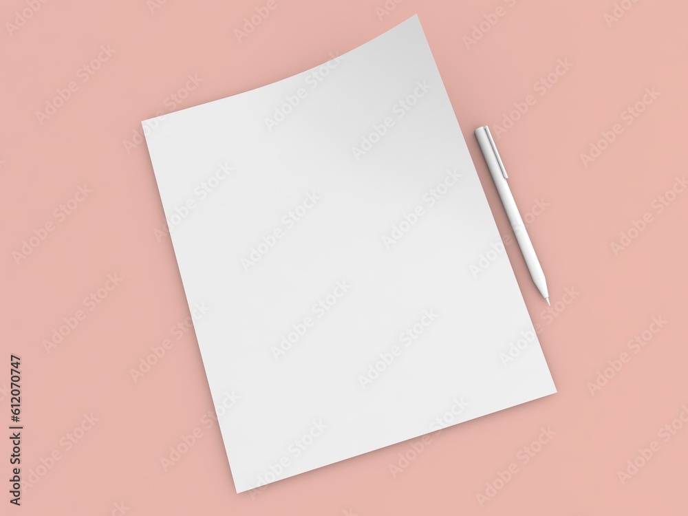 Pen and sheet of A4 paper mockup on a pink background. 3d render illustration. Pen and sheet of A4 paper mockup on a pink background. 3d render illustration.
