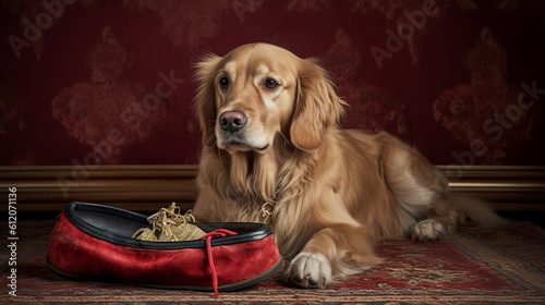 A retriever caught in the act of stealing a slipper, with an expression that suggests both guilt and amusement Generative AI