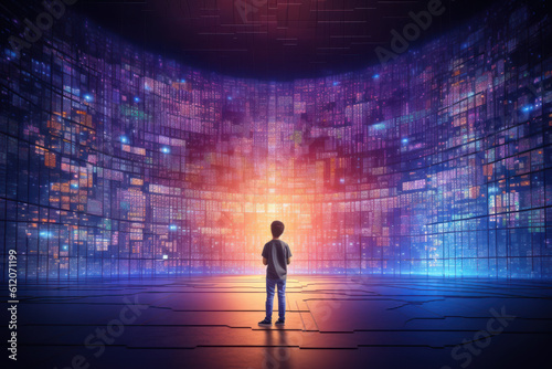 Child surrounded by big data technology and futuristic digital landscape, inspiring joy and family bonding young innovator embracing the future. Ai generative.