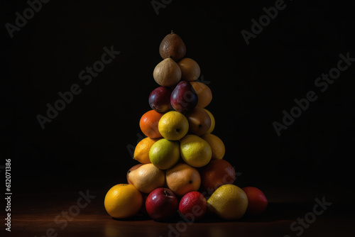 A stunning pyramid of fresh and colorful fruits  perfectly organized for a vibrant american market display in exotic fruit showcase. Ai generative.