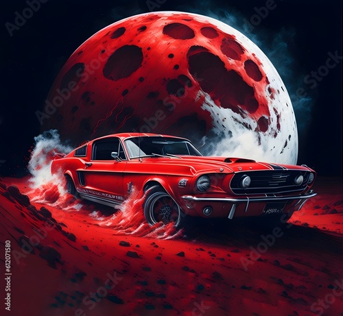  flat design of 1968 ford mustang red shelby, drifting on the moon made with generative AI