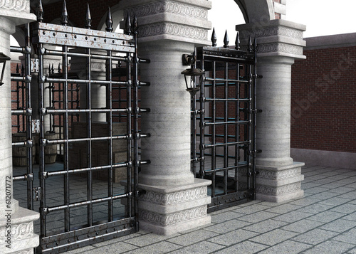 3D Medieval gated courtyard photo