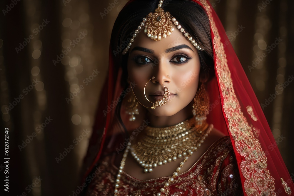 Beautiful Indian Bride in red lehenga looking at the camera, Traditional Indian Wedding, Generative AI
