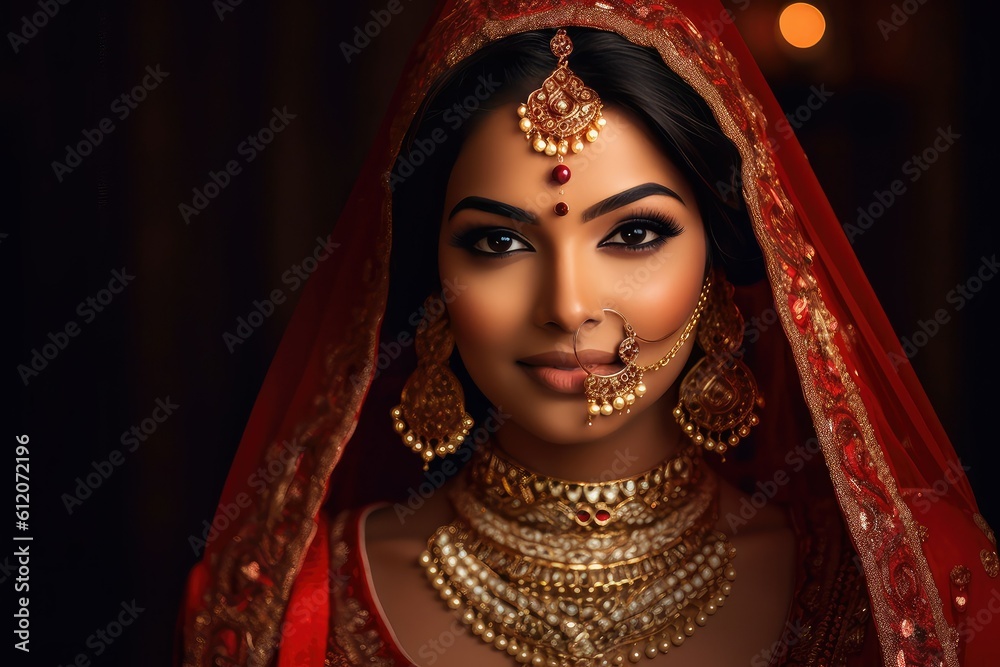 Beautiful Indian Bride in red lehenga looking at the camera, Traditional Indian Wedding, Generative AI Beautiful Indian Bride in red lehenga looking at the camera, Traditional Indian Wedding, Generative AI