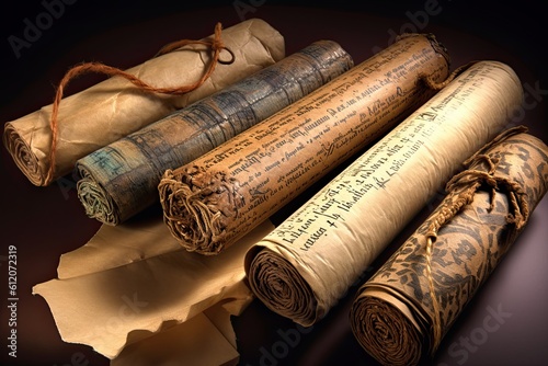 Ancient Scrolls on Wooden Desk. Concept-Image of Old Parchment Documents, Bible, and Commandments with Vintage Writing Tools and Supplies. Generative AI photo