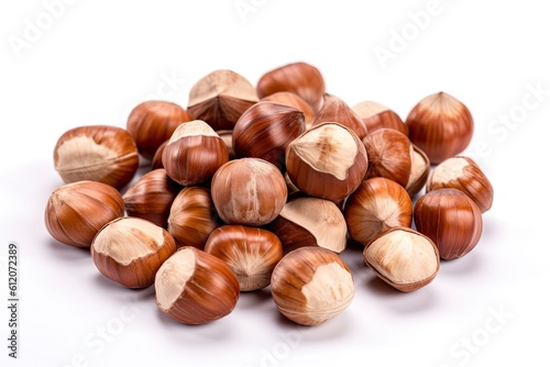 Close-Up Marco Shot of Brown Hazelnuts. Full and halves of Dried Filbert Fruit as Epicure Food on a White Background: Generative AI