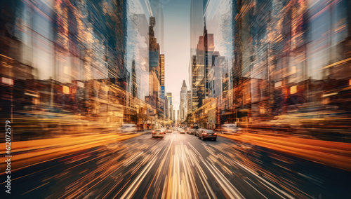 A bustling city street filled with bright lights and fast-moving traffic captures the energy and vibrancy of a dynamic business environment. Ai generative.