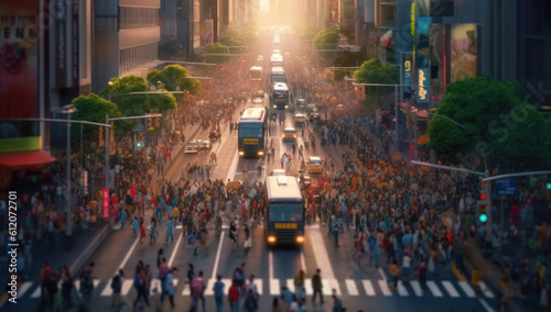 Dynamic city street alive with fastpaced traffic, lively crowds, and energetic cityscape. A kaleidoscope of life in motion. A vibrant urban tapestry. Ai generative.