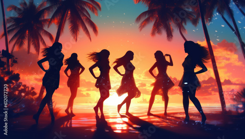 Silhouettes of Friends Dancing and Partying in the Paradise Beach. Friendship, Joy, and Carefree Happiness Lit by the Evening Sun. Tropical Sunset Delight. Ai generative. © remake