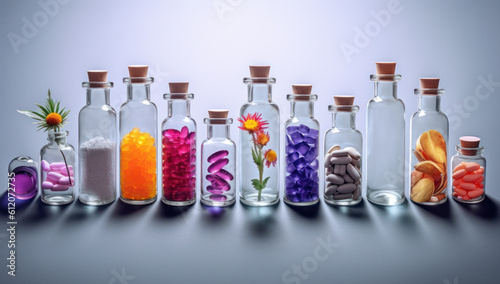 A collection of organic herbs and ingredients in glass flasks for the preparation of natural cosmetics. Ai generative.