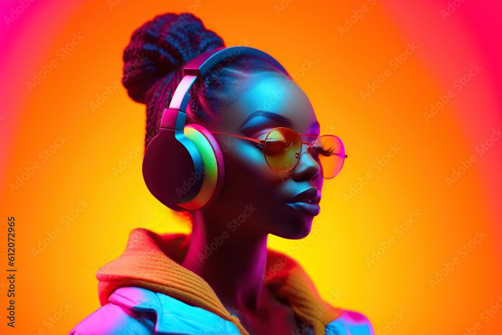 Naklejka premium Fashionable young african american woman in neon outfit, with headphones and sunglasses, listening to music, studio portrait. Generative AI