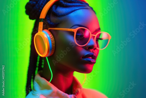 Fashionable young african american woman in neon outfit, with headphones and sunglasses, listening to music, studio portrait. Generative AI