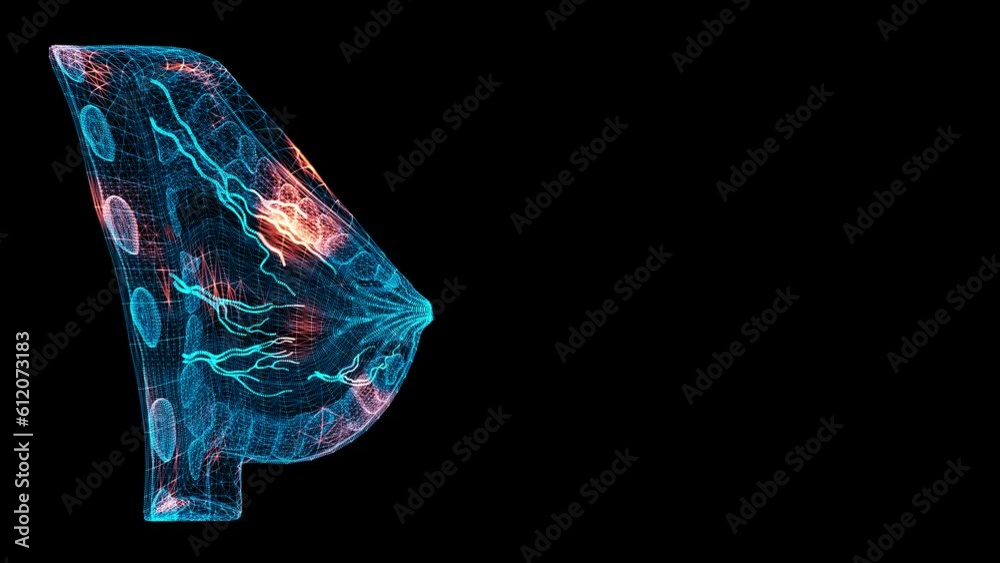 3D female breast Scan. Breast Scanning Interface. HUD woman breast analyze. Medical Science Anatomy concept. For title, text, presentation. 3d animation 60 FPS