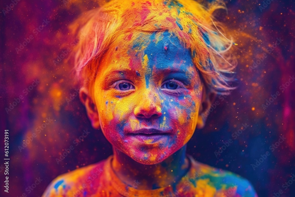 Celebration of Holi festival day colorful illustration of a child covered in paint illustration.Generated with AI.