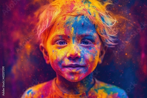 Celebration of Holi festival day colorful illustration of a child covered in paint illustration.Generated with AI. © sirisakboakaew