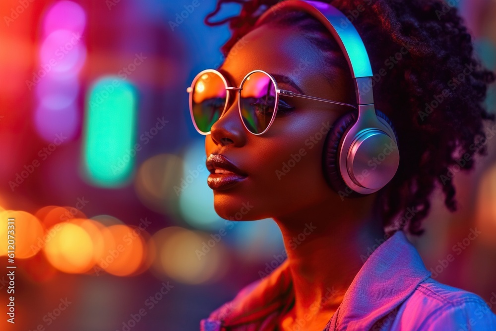 Stylish young african american woman in neon clothes, with headphones and sunglasses, listening to music on the street. Generative AI