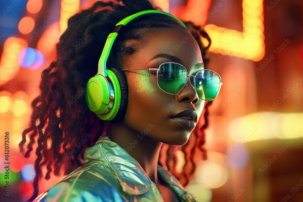 Stylish young african american woman in neon clothes, with headphones and sunglasses, listening to music on the street. Generative AI Stylish young african american woman in neon clothes, with headphones and sunglasses, listening to music on the street. Generative AI