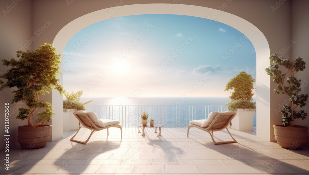 Experience luxury living with spectacular ocean views from the stylish apartment terrace. Modern interiors, serene ambiance, and endless relaxation await. Seaside splendor. Ai generative.
