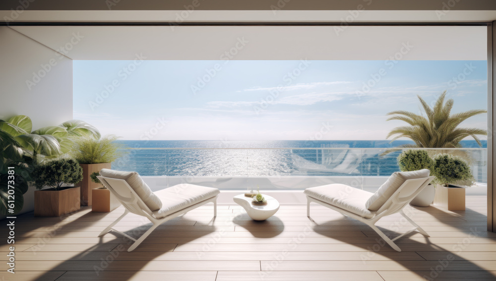 Unwind in luxury apartment living with mesmerizing ocean views, modern interiors, and a serene coastal ambiance. Embrace the exquisite. Ai generative.