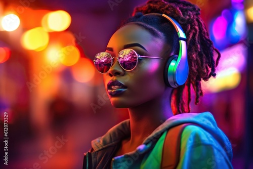 Stylish young african american woman in neon clothes, with headphones and sunglasses, listening to music on the street. Generative AI