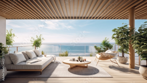 Modern interiors, stylish terrace, and serene ambiance await in your dream coastal home! Experience the epitome of luxury apartment living with captivating ocean views. Ai generative. © remake