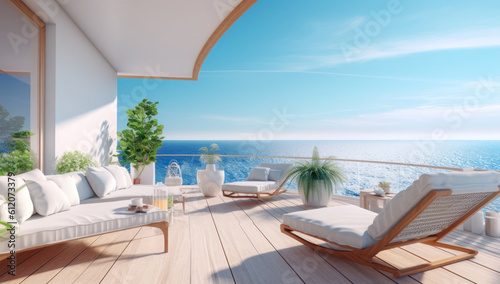 Modern interiors, stylish terrace, and serene ambiance await in your dream coastal home. Experience the epitome of luxury apartment living with captivating ocean views. Ai generative. © remake