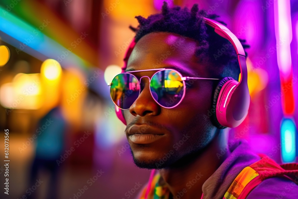 Stylish young african american man in neon clothes, with headphones and sunglasses, listening to music on the street. Generative AI