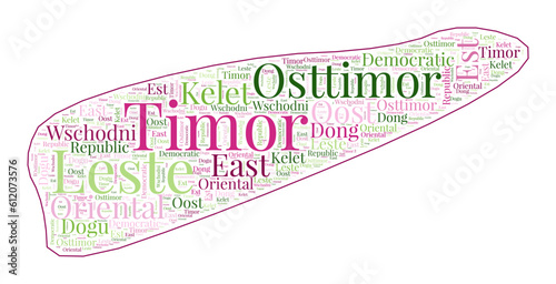 Timor-Leste shape filled with country name in many languages. Timor-Leste map in word cloud style. Radiant vector illustration.