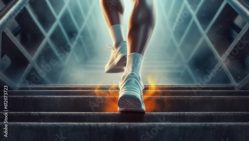 A successful runner conquering stairs with determination and joy, embodying fitness and athletic achievement. Rising to triumph. Ai generative.