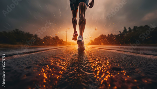A sporty runner embracing the morning sun, igniting the power of fitness and health on the road to success. Urban energizer. Ai generative.