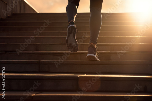 A runner journey up the stairs, embracing an active lifestyle for success and vitality in the city. Ascending to fitness. Ai generative.