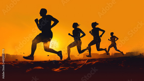 Silhouette of active runners embracing fitness and well being at sunset, harnessing energy and determination in outdoor training golden hour joggers. Ai generative.