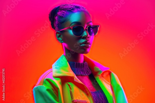 High fashion studio portrait of young african american woman with sunglasses, beautiful makeup, bright neon colors. Generative AI