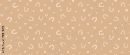 Cute Abstract Doodle Seamless Vector Pattern. Childish Hand Drawn Stars, Hearts and Arcs isolated on a Light Caramel Brown Background. Trendy Creative Modern Print with Freehand Multicolor Scribbles.