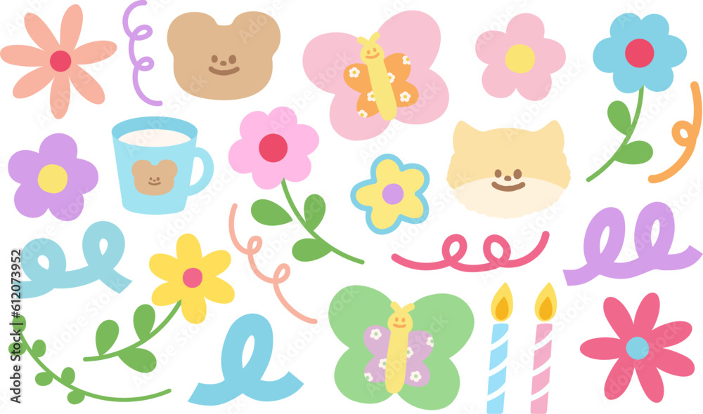 Pastel illustrations of flowers, butterfly, teddy bear, cat, candles for sticker, cartoon, character, comic, mascot, plush toy, doll, cute patches, spring, summer, nature, garden, icon, logo, doodles Pastel illustrations of flowers, butterfly, teddy bear, cat, candles for sticker, cartoon, character, comic, mascot, plush toy, doll, cute patches, spring, summer, nature, garden, icon, logo, doodles