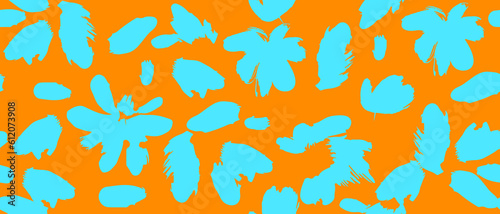 Hand Drawn Irregular Floral Seamless Vector Pattern. Turquoise Blue Flowers Isolated on an Orange Background. High Contrast.Simple Abstract Garden Repeatable Design. RGB Colors. Floral Endless Print.