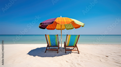 Chairs and umbrella on the beach in summertime © Veniamin Kraskov