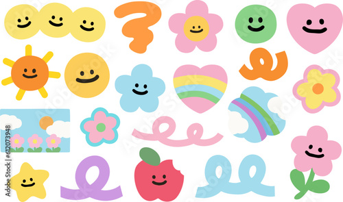 Happy summer illustrations of sun, flowers, apple, rainbow, heart and sky in pastel colour for sticker, decoration, card print, icon, logo, cartoon, character, plush toy, doll, patches, brooch