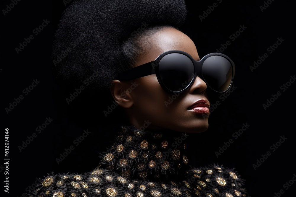 High fashion studio portrait of young african american woman with black sunglasses, beautiful makeup, luxury style. Generative AI High fashion studio portrait of young african american woman with black sunglasses, beautiful makeup, luxury style. Generative AI