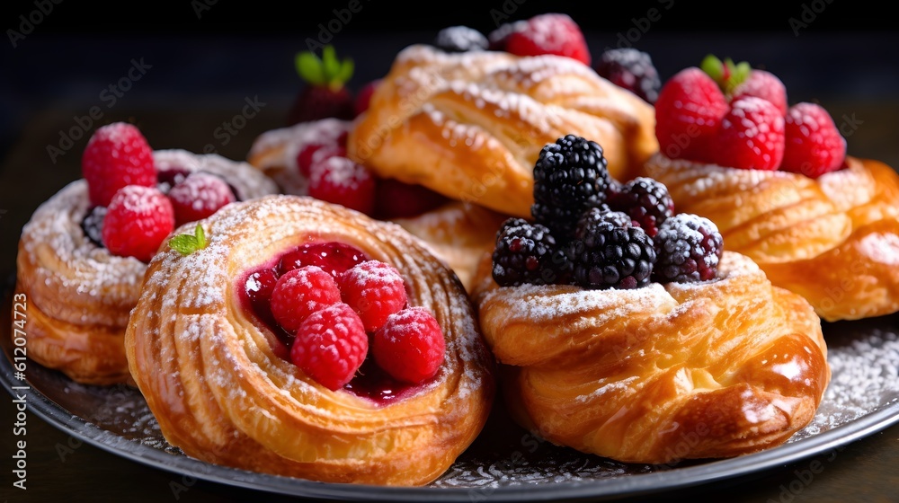 Mix Berry and Cherry Viennoiserie, Rich and Delicate French Pastry, Sprinkled with Powdered Sugar