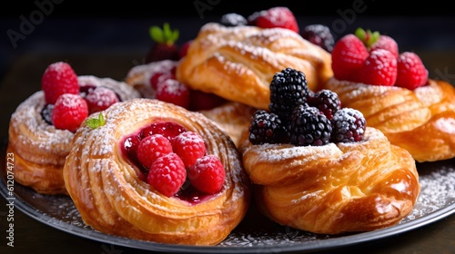 Mix Berry and Cherry Viennoiserie, Rich and Delicate French Pastry, Sprinkled with Powdered Sugar photo