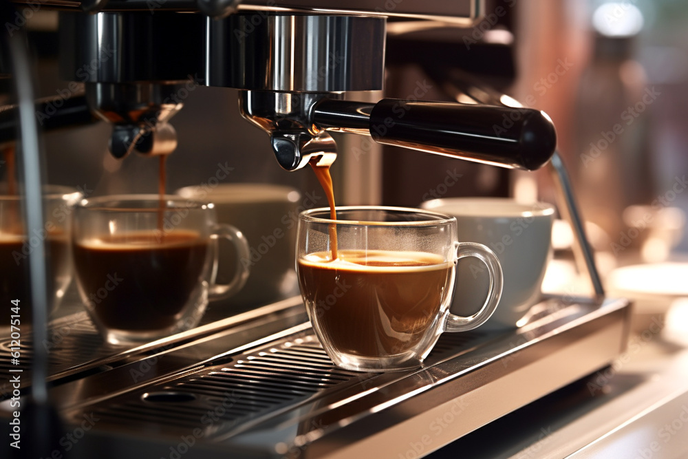 Espresso coffee extraction from a professional coffee machine with a bottomless filter espresso pouring from coffee machine to cup. AI generated Espresso coffee extraction from a professional coffee machine with a bottomless filter espresso pouring from coffee machine to cup. AI generated