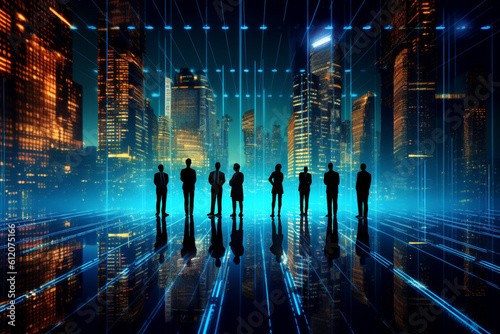 Silhouette of business people in a row standing against the backdrop of digital technology with a view of the night city. AI generated