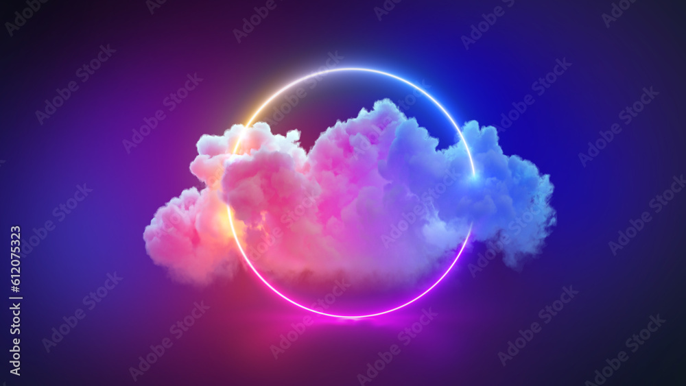 Obraz premium 3d render, abstract geometric background of colorful illuminated cloud and glowing neon linear circle