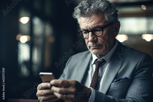 Senior businessman using phone in office, ceo with glasses typing message, financial app. Generative AI
