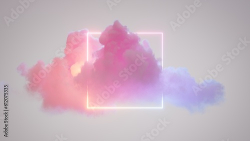 3d rendering, abstract minimalist background of pastel cloud and blank linear square frame glowing with neon light, simple geometric wallpaper