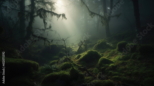 Dark foggy forest. AI